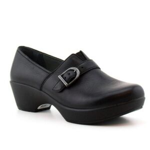 Dansko Jane Black Leather Slip-on Clog Buckle Accent